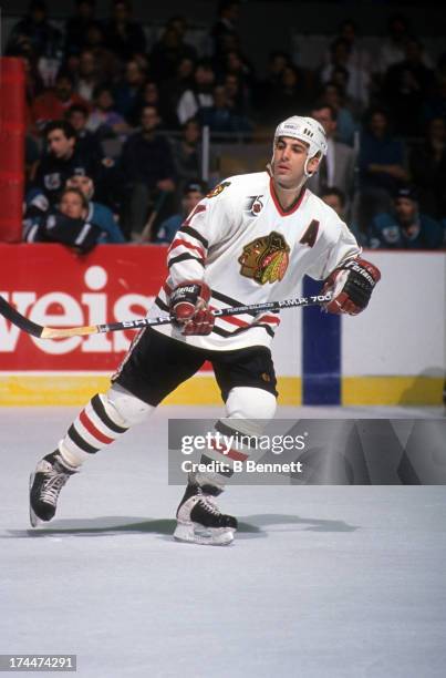 Chris Chelios of the Chicago Blackhawks skates on the ice during an NHL game against the San Jose Sharks on December 12, 1993 at the Chicago Stadium...