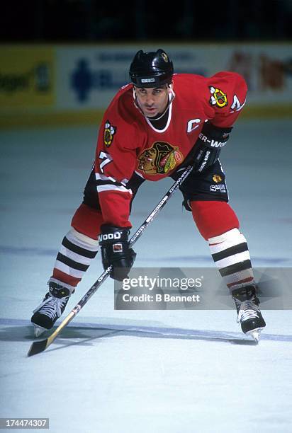 Chris Chelios of the Chicago Blackhawks waits for the faceoff during an NHL game against the Winnipeg Jets on November 14, 1995 at the Winnipeg Arena...