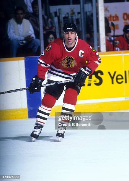 Chris Chelios of the Chicago Blackhawks skates on the ice during an NHL game against the Winnipeg Jets on February 23, 1996 at the Winnipeg Arena in...