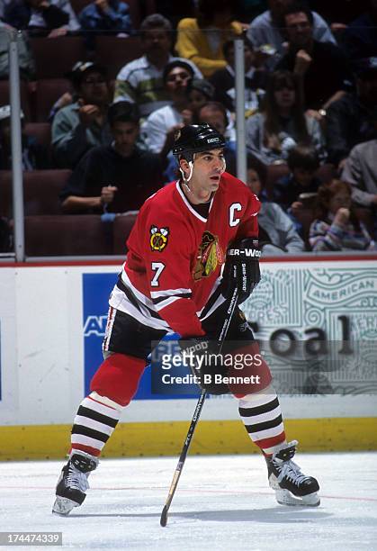 Chris Chelios of the Chicago Blackhawks skates on the ice during an NHL game against the Mighty Ducks of Anaheim circa 1996 at the Arrowhead Pond of...