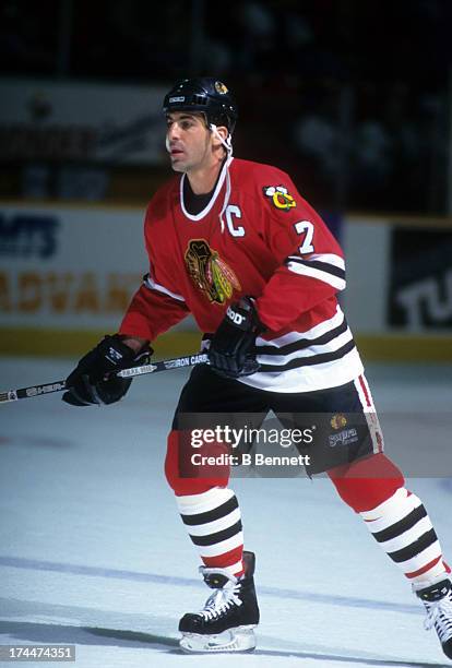 Chris Chelios of the Chicago Blackhawks skates on the ice during an NHL game against the Winnipeg Jets on November 14, 1995 at the Winnipeg Arena in...