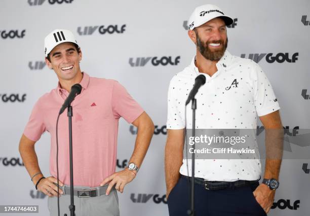 Captain Joaquín Niemann of Torque GC and Captain Dustin Johnson of 4Aces GC attend a press conference during a press conference during the pro-am...