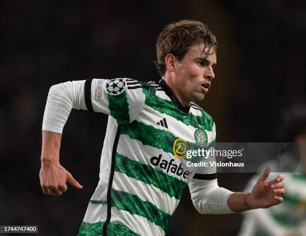 Matt O'Riley of Glasgow Celtic FC in action during the UEFA Champions League match between Glasgow Celtic FC and SS Lazio at Celtic Park Stadium on...