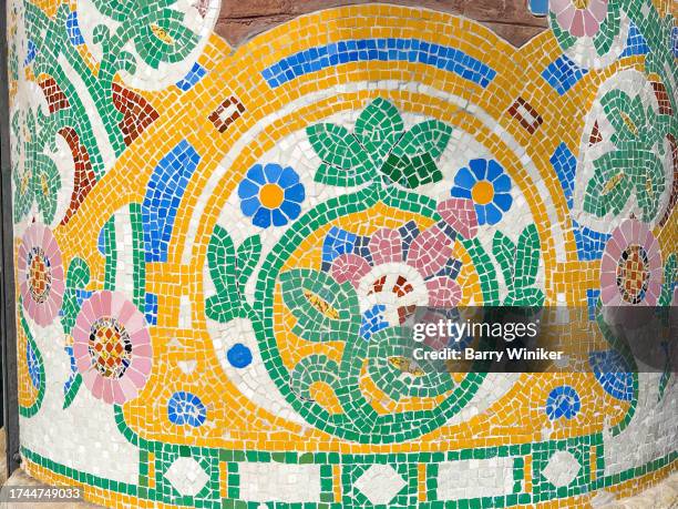 19th century mosaics on facade of palau de la musica catalana, barcelona - barcelona palau de la musica catalana stock pictures, royalty-free photos & images
