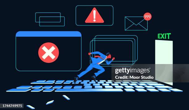 stockillustraties, clipart, cartoons en iconen met man running on the crumbling keyboard vector illustration - pitfall