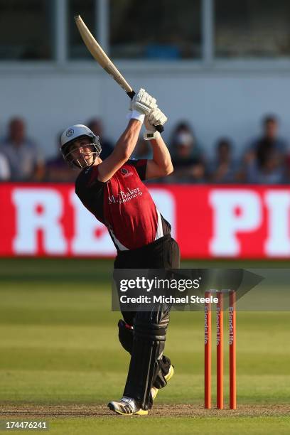 Craig Kieswetter of Somerset Sabres hits a straight six off the bowling of David Payne of Gloucestershire Gladiators during the Friends Life T20...