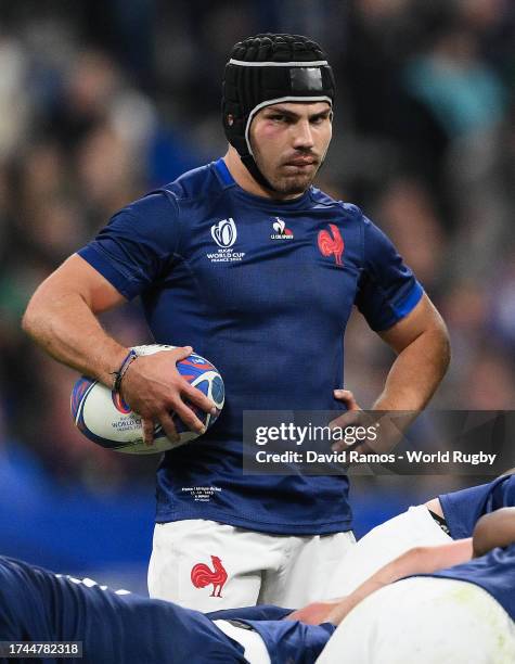 Antoine Dupont of France looks on during the Rugby World Cup France 2023 Quarter Final match between France and South Africa at Stade de France on...