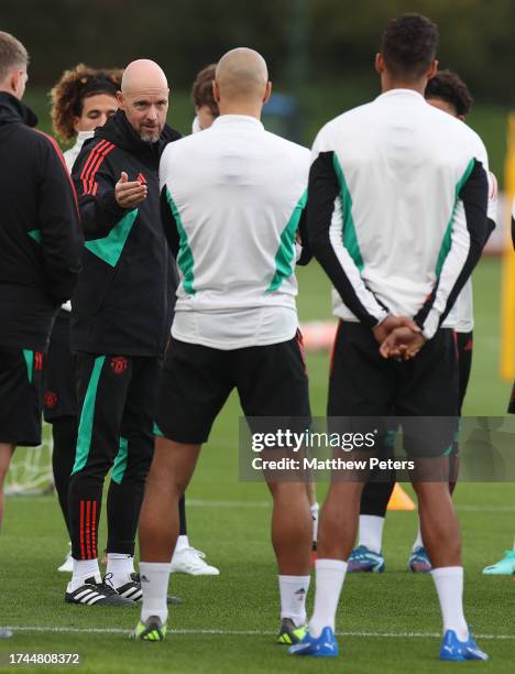 Manager Erik ten Hag of Manchester United in action during a first team training session at Carrington Training Ground on October 19, 2023 in...