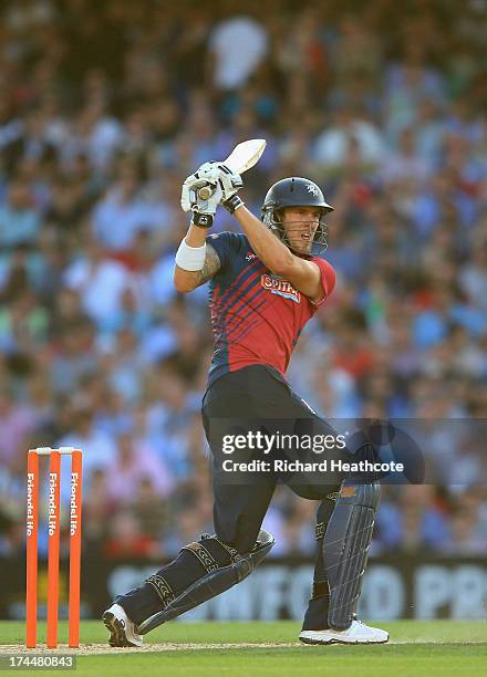 Ben Harmison of Kent bats during the Friends Life T20 match between Surrey Lions and Kent Spitfires at The Kia Oval on July 26, 2013 in London,...