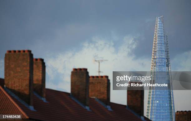 View of 'The Shard' building through traditional London chimneys during the Friends Life T20 match between Surrey Lions and Kent Spitfires at The Kia...