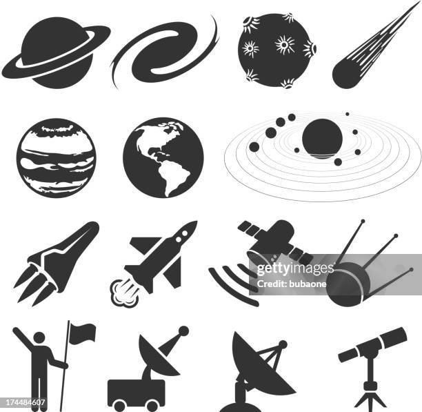 illustrations, cliparts, dessins animés et icônes de espace et astronomie noir & blanc vecteur ensemble d'icônes - saturne