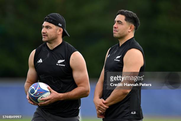 David Havili and Anton Lienert-Brown of the All Blacks run through drills ahead of their Rugby World Cup France 2023 match against Argentina at Stade...