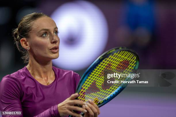 Ana Bogdan of Romania talking to the umpire during her second round match against Nikola Bartunkova of Czech Republic during the Transylvania Open...