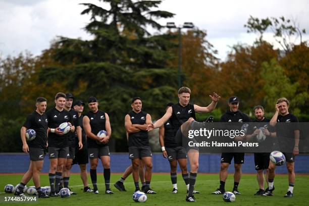 Jordie Barrett of the All Blacks kicks the ball during the New Zealand Captain's Run ahead of their Rugby World Cup France 2023 match against...