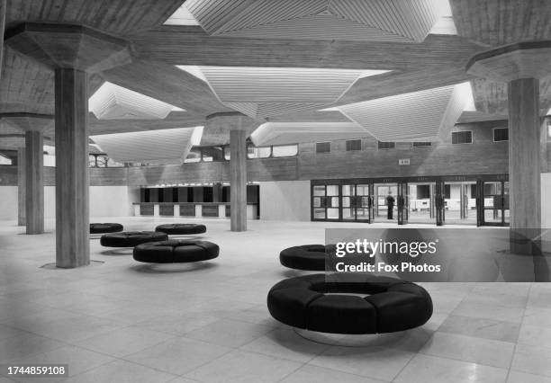 Circular sofas inside the entrance of Queen Elizabeth Hall, part of the Southbank Centre arts complex, on the South Bank in London, England, circa...