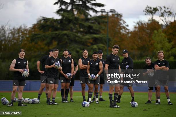Beauden Barrett of the All Blacks looks on ahead of their Rugby World Cup France 2023 match against Argentina at Stade Omnisport Croissy on October...