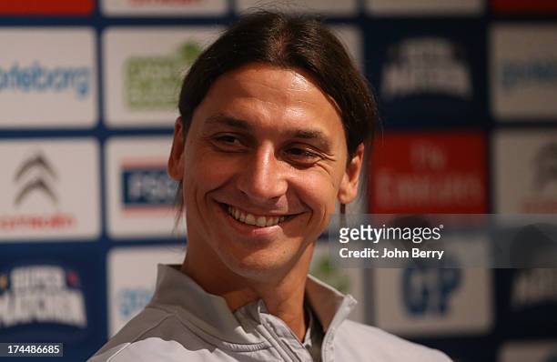 Zlatan Ibrahimovic of PSG attends a press conference on the eve of the friendly match between Paris Saint-Germain and Real Madrid at the Clarion Post...