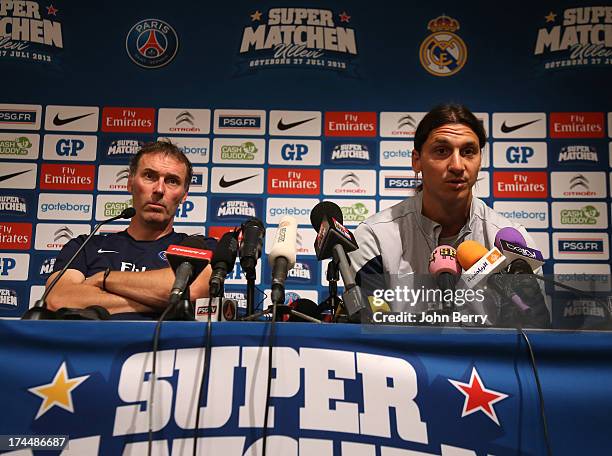 Laurent Blanc, coach of Paris Saint-Germain and Zlatan Ibrahimovic of PSG attend a press conference on the eve of the friendly match between Paris...