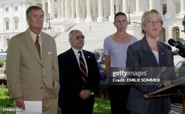 Sen. Patty Murray, D-WA, speaks to the media against Beijing's bid for the 2008 Olympics outside the US Capitol in Washington, DC, 10 July 2001....