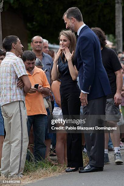 Princess Letizia and Prince Felipe of Spain visit Angrois residents on July 26, 2013 in Santiago de Compostela, Spain. The high speed train crashed...