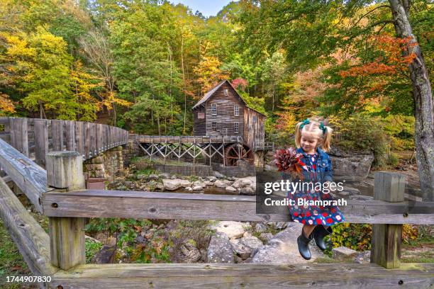 junges mädchen erkundet die glade creek schrotmühle im babcock state park während der herbstsaison in den appalachen von west virginia, usa. - wasserrad stock-fotos und bilder