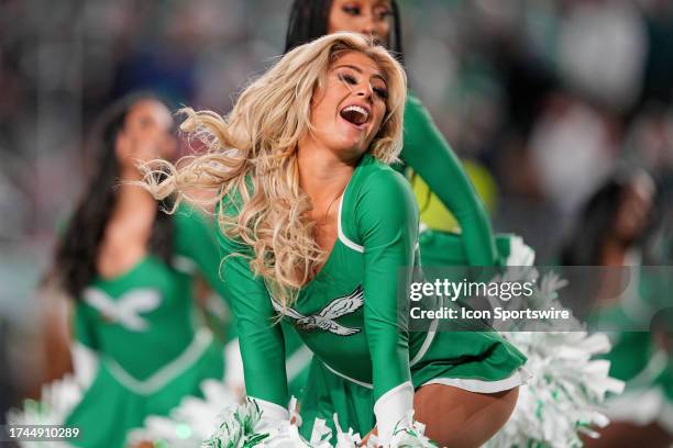 Philadelphia Eagles cheerleaders perform during the game between the Miami Dolphins and the Philadelphia Eagles on October 22, 2023 at Lincoln...