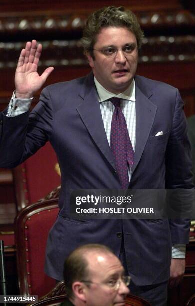 Belgian Prince Laurent takes the senator's oath at the Belgium Senate in Brussels 31 May 2000. Prince Laurent is the third to become a Senator in the...