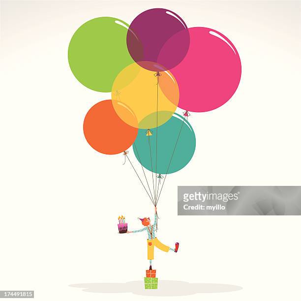 ilustraciones, imágenes clip art, dibujos animados e iconos de stock de feliz cumpleaños pastel invitación payaso con ballons - agarrar