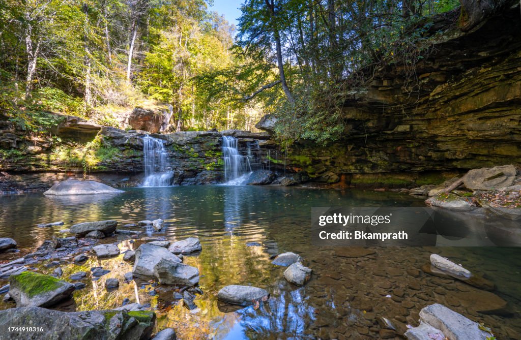 Mill Creek Falls in Hawks Nest State Park During the Fall Season in the Appalachian Mountains of West Virginia, USA.