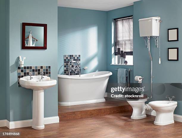 interior of traditional bathroom - blue bathroom stock pictures, royalty-free photos & images