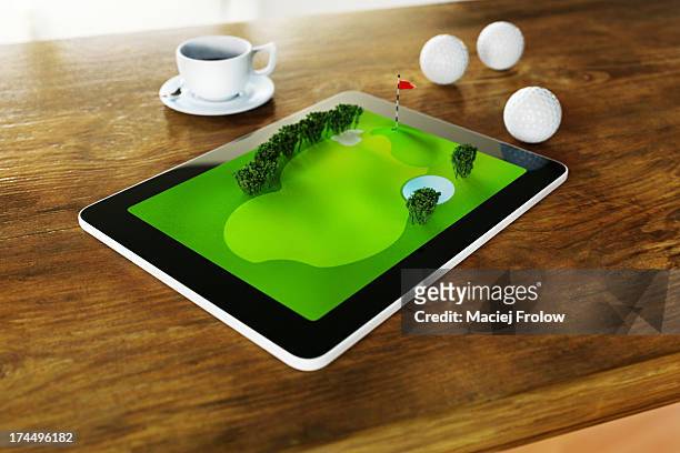 golf balls and virtual golf course on tablet - pin stock illustrations