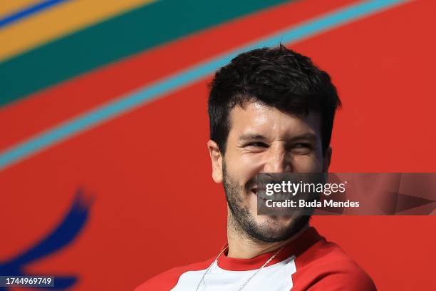 Colombian singer Sebastian Yatra speaks during a press conference ahead of the opening ceremony of the Santiago 2023 Pan Am Games on October 19, 2023...