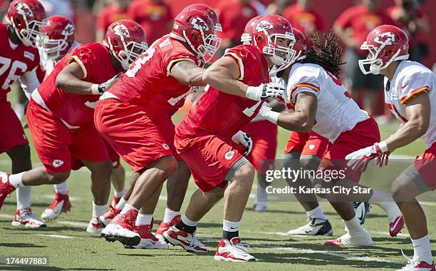 Kansas City Chiefs offensive tackle Eric Fisher , the No. 1 overall pick in the 2013 NFL Draft, looks for defensive teammates to block during Chiefs...