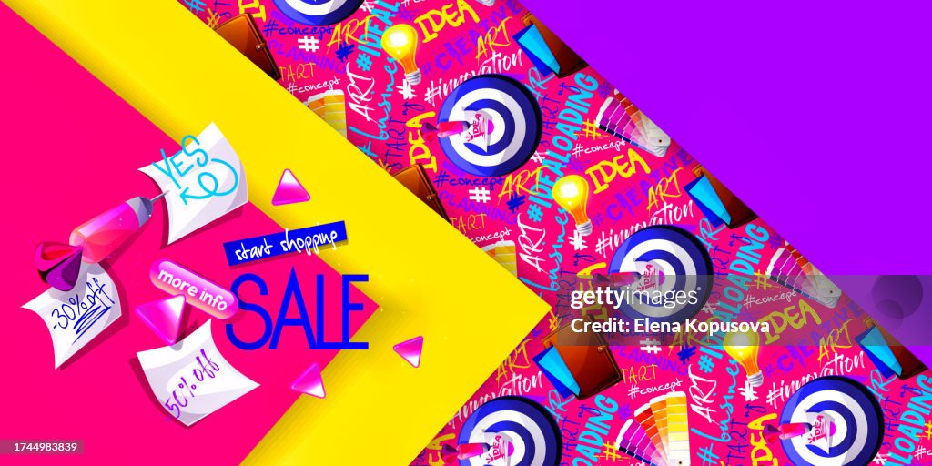 Creative e-commerce in cartoon style. Paper colored abstract background with discounts on seamless creative background with darts and creative scraps. Stylish web banner.