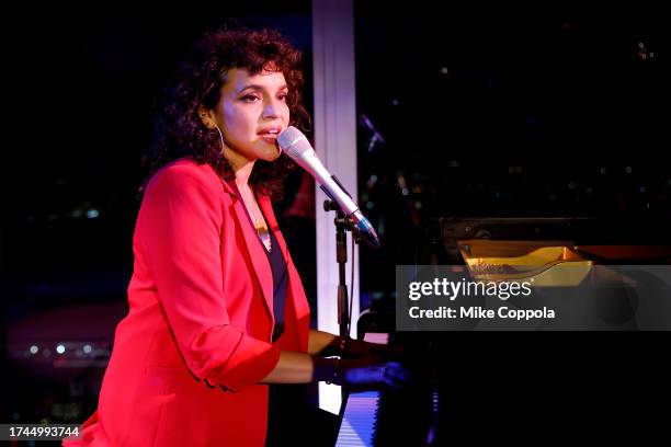 Norah Jones preforms on stage during Hallmark Media's Countdown To Christmas 2023 Premiere Event at PEAK at Hudson Yards on October 18, 2023 in New...