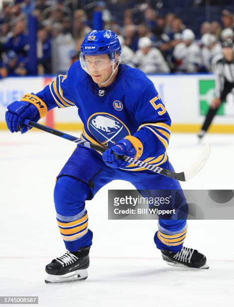 Jeff Skinner of the Buffalo Sabres skates against the Tampa Bay Lightning during an NHL game on October 17, 2023 at KeyBank Center in Buffalo, New...