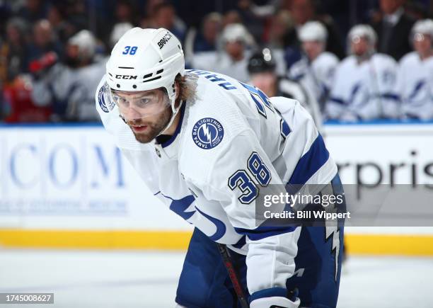 Brandon Hagel of the Tampa Bay Lightning prepares for a faceoff against the Buffalo Sabres during an NHL game on October 17, 2023 at KeyBank Center...