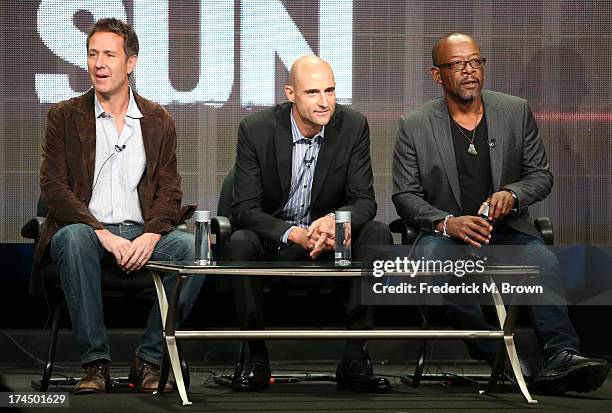 Executive Producer Chris Mundy and actors Mark Strong and Lennie James speak onstage during the "Low Winter Sun" panel discussion at the AMC portion...