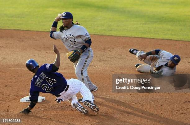 Second baseman Rickie Weeks of the Milwaukee Brewers gets a force out on Dexter Fowler of the Colorado Rockies on a ground ball hit by DJ LeMahieu of...