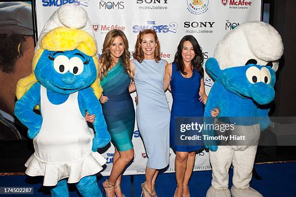 Smurfette, Denise Albert, McAfee Chief Privacy Officer Michelle Dennedy, Melissa Musen Gerstein and Clumsy Smurf attend "The Smurfs 2" Blue Carpet...