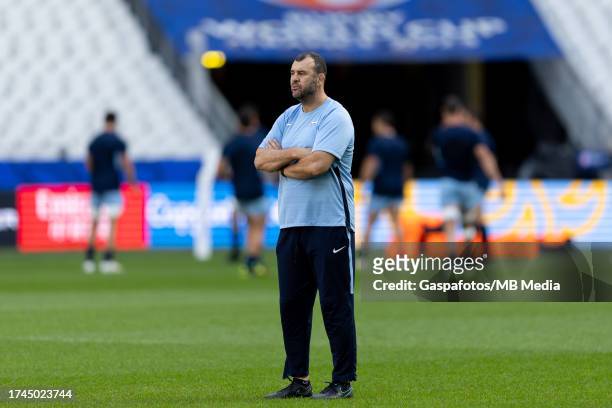 Michael Cheika head coach of Argentina looks on during their teams captains run ahead of their Rugby World Cup France 2023 match against New Zealand...