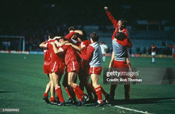 Liverpool players celebrate their 4-2 victory in the penalty shoot-out, to win the European Cup Final at the Stadio Olimpico, Rome, 30th May 1984....