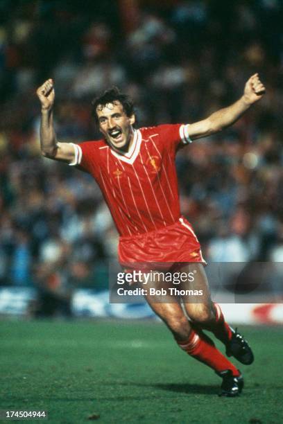 Left back Alan Kennedy celebrates after his penalty won the European Cup Final for Liverpool at the Stadio Olimpico, Rome, 30th May 1984. Liverpool...