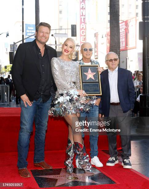 Blake Shelton, Gwen Stefani, Jimmy Iovine and Irving Azoff attend the Hollywood Walk of Fame Star Ceremony Honoring Gwen Stefani on October 19, 2023...