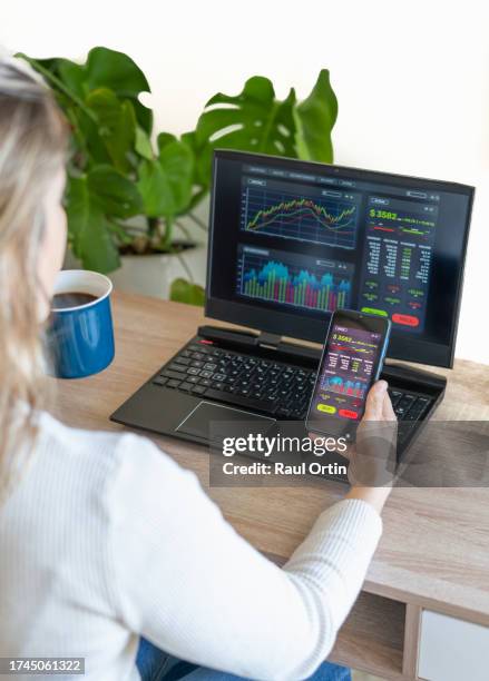 businesswoman trading online.female using mobile app analyzing data - e learning stock pictures, royalty-free photos & images