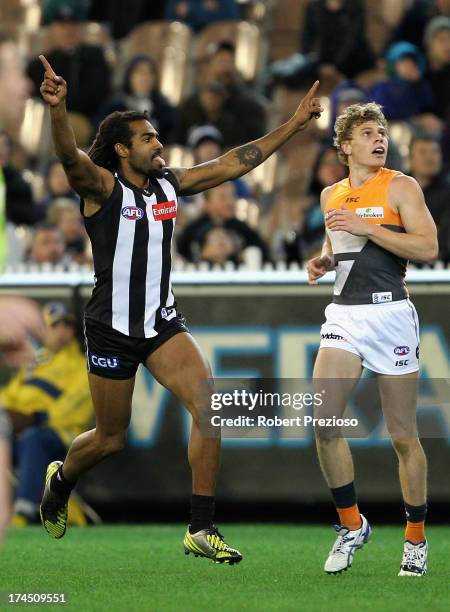 Harry O'Brien of the Magpies celebrates kicking a goal during the round 18 AFL match between the Collingwood Magpies and the Greater Western Sydney...