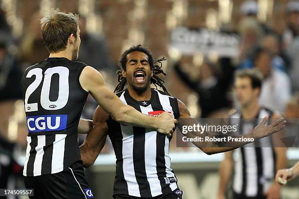 Harry O'Brien of the Magpies celebrates kicking a goal during the round 18 AFL match between the Collingwood Magpies and the Greater Western Sydney...