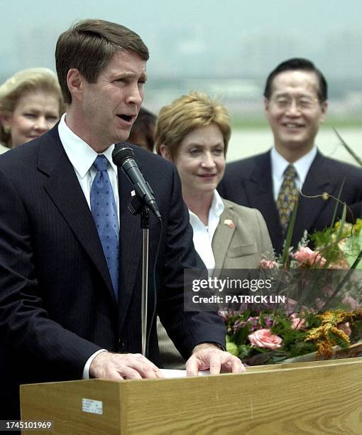 United States Senate Majority Leader Bill Frist talks to the press, 18 April 2003, upon arriving at Taipei's Sungshan Airport for a two-day visit as...