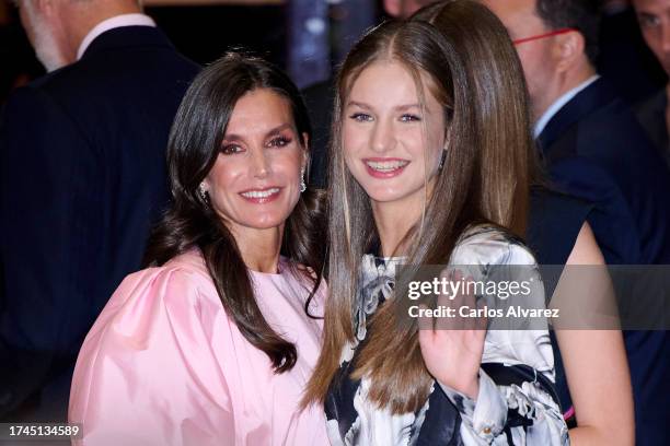 Queen Letizia of Spain and Crown Princess Leonor of Spain attend a concert ahead of the "Princesa De Asturias" Awards 2023 at the Prince Felipe...