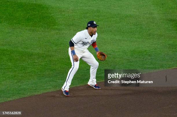 Jorge Polanco of the Minnesota Twins readies for a play in the eighth inning during Game Four of the Division Series against the Houston Astros at...